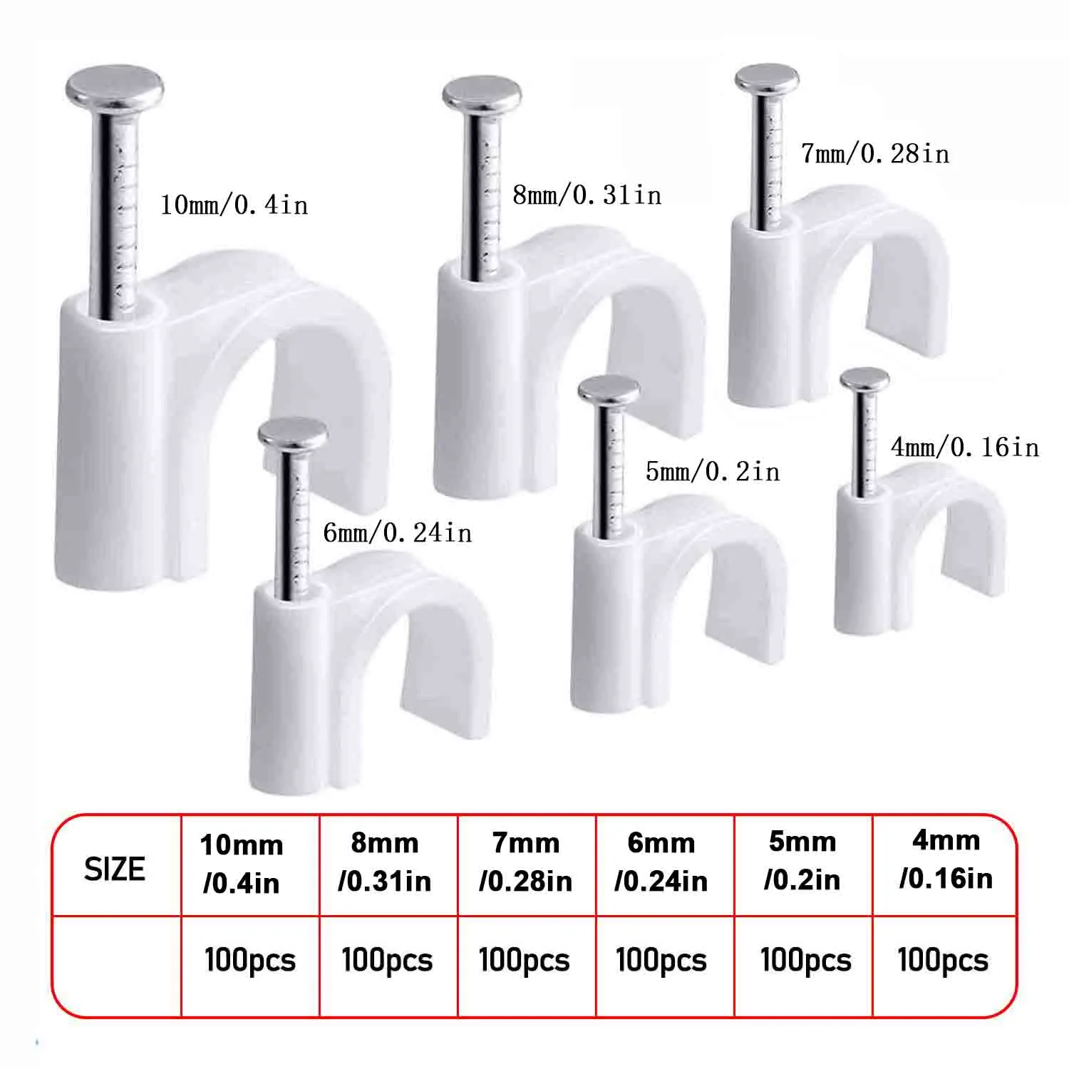 [100pcs White Cable Clips With Steel Nails] 100pcs Wire Nails - Assorted Sizes 5mm, Electrical Cable Staples, Easy Installation, Ideal for RG6 RG59 CAT6 RJ45 Ethernet Cable Clips Coaxial Clamps – Bild 1
