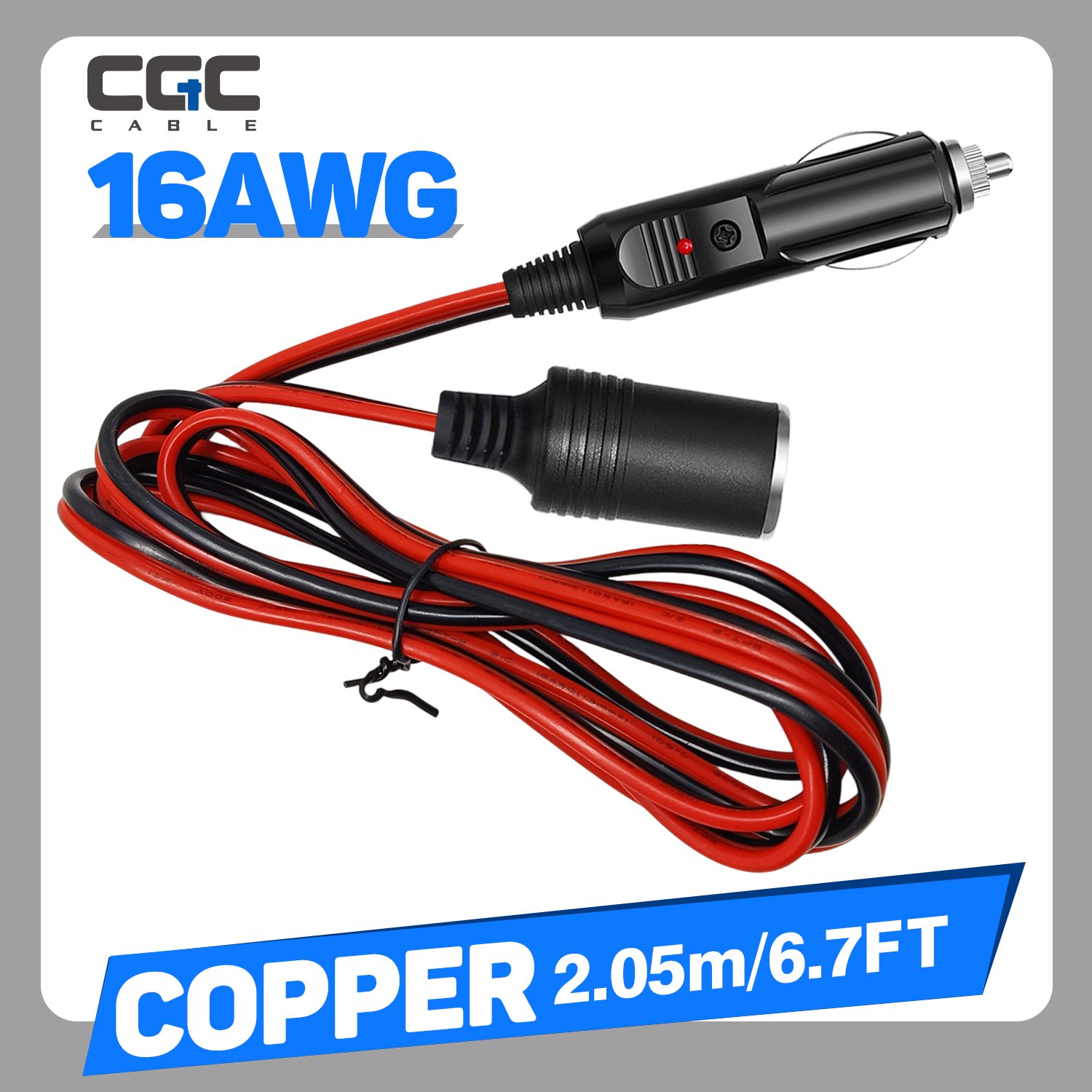 144-1.jpg 16AWG 2m/6.6FT Copper 12V/24V/30V Car Plug Extension Cord with 15A Fuse - Male Plug to Female Socket for Tire Pump & Air Compressor, Without Battery for Vehicle Charger - Image 1