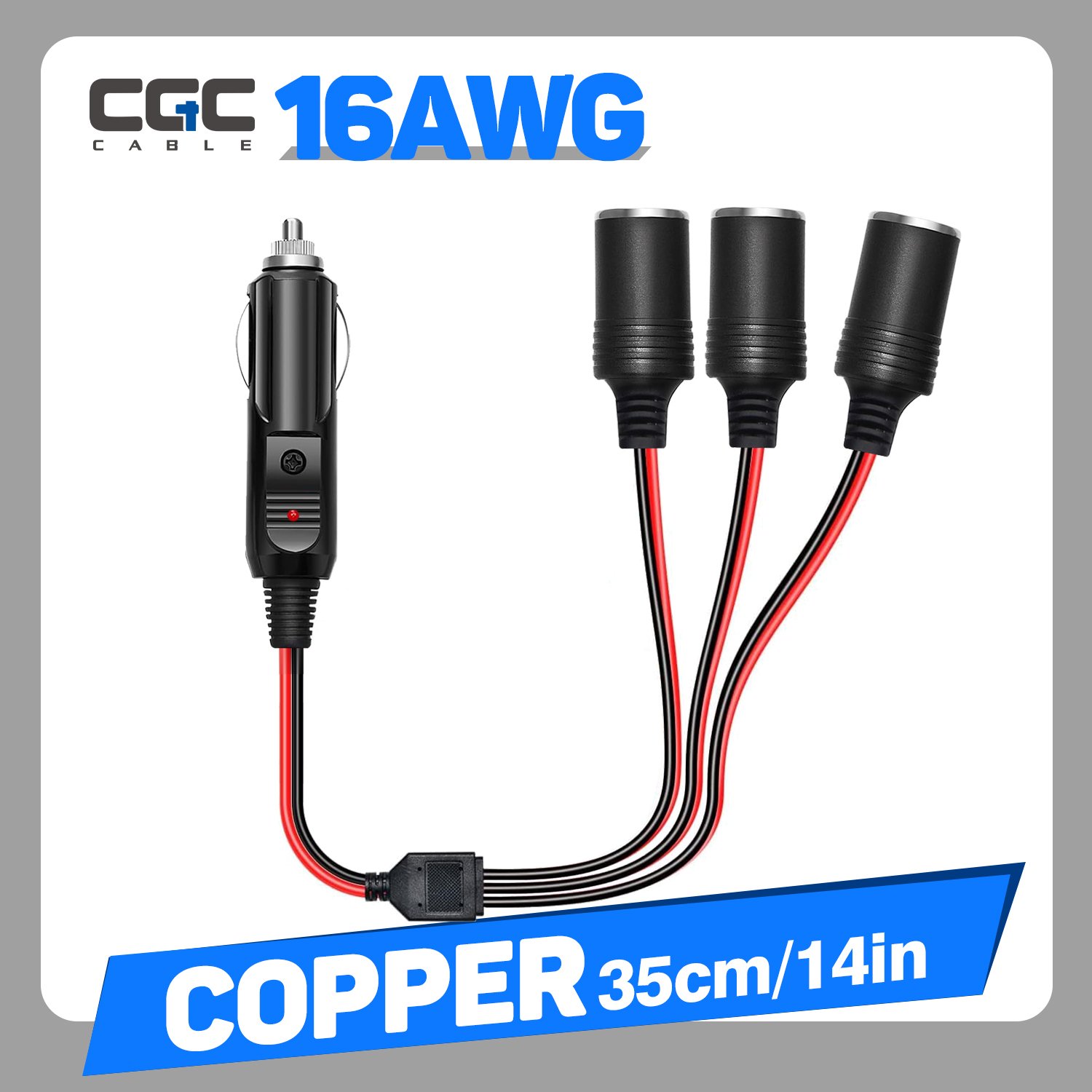 149-1.jpg 16AWG Car Plug Extension Cord, 1 to 3 Car Plug Lighter Splitter Connector Power Charger Port 12V/24V/30V Plug Socket 3-Way Splitter Y Connector, with 15A Fuse, Without Battery - Imagen 1