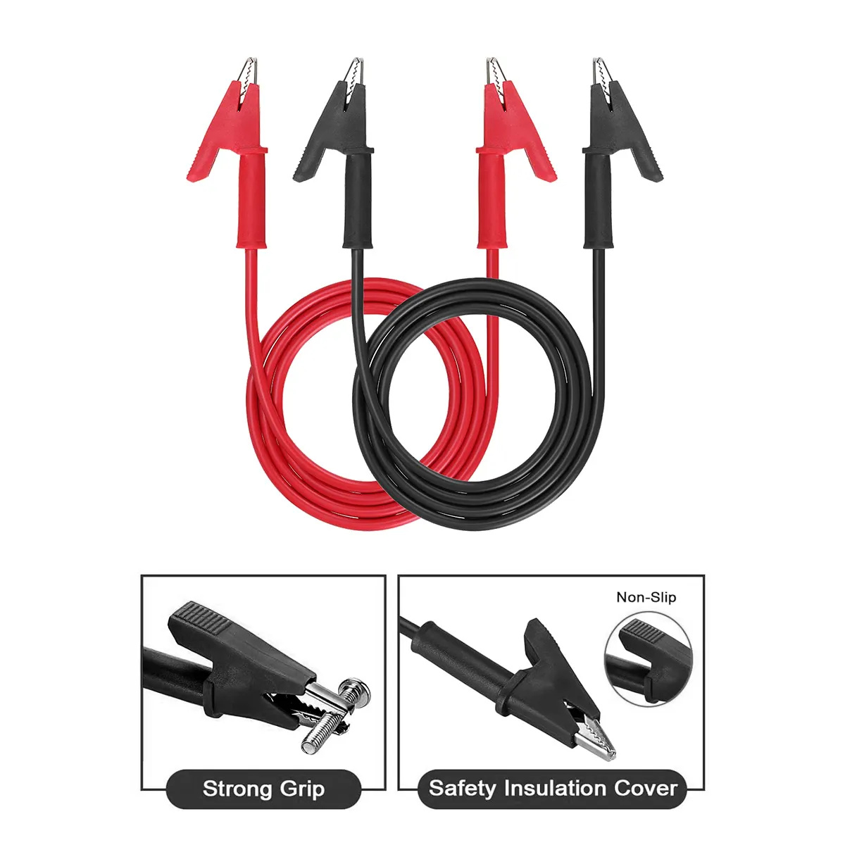 2PCS 1m/3.3FT Alligator Clips Test Leads, Dual Ended Crocodile Alligator Clips Test Lead, 15A Test Lead Wire Cable With Insulators Clips, Test Flexible Cable With Protective Jack Copper Clamps For Electrical Testing (Red + Black) - Imagen 3
