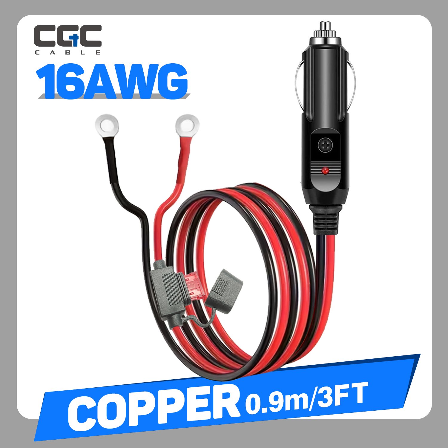 189-1.jpg 16AWG 0.9m/3FT Car Plug Extension Cord with 15A Fuse, 12/24V 16AWG Heavy Duty Power Supply Cord with 10A Car Fuse, DC Power Adapter with Perforated Terminal Direct Battery Model for Travel, Camping, and Air Compressors - Image 1