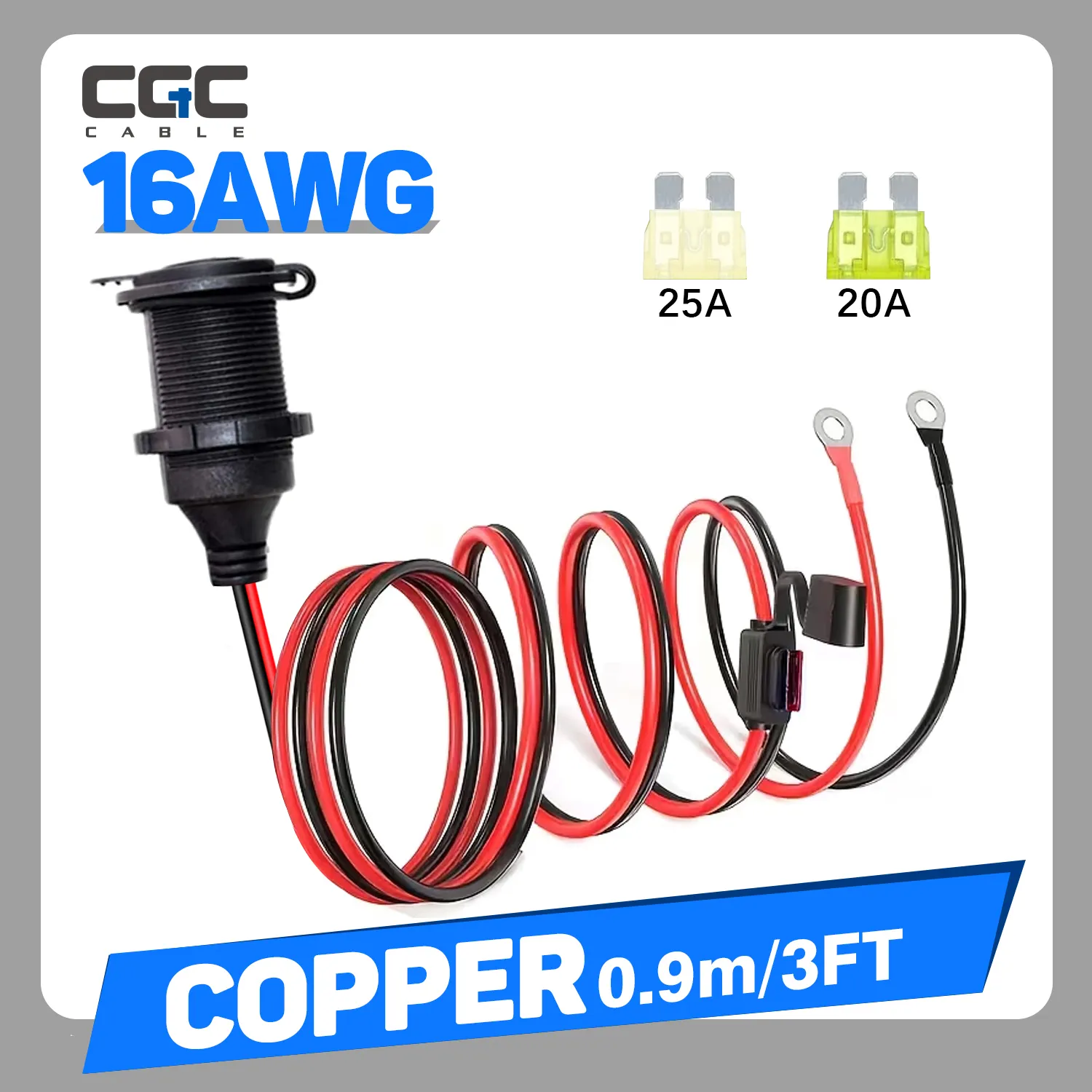 274-1.jpg 0.9m/3FT 16AWG Fixed Thread Car Plug Extension Cord to O Ring Terminal Connector, Direct Battery Model car Adapter with 3 car fuses(10A/20A/25A) Heavy Duty Cable, Fits Most Vehicles, Easy Installation, Car Charger Socket Plug Adapter, No Battery - 图片 1
