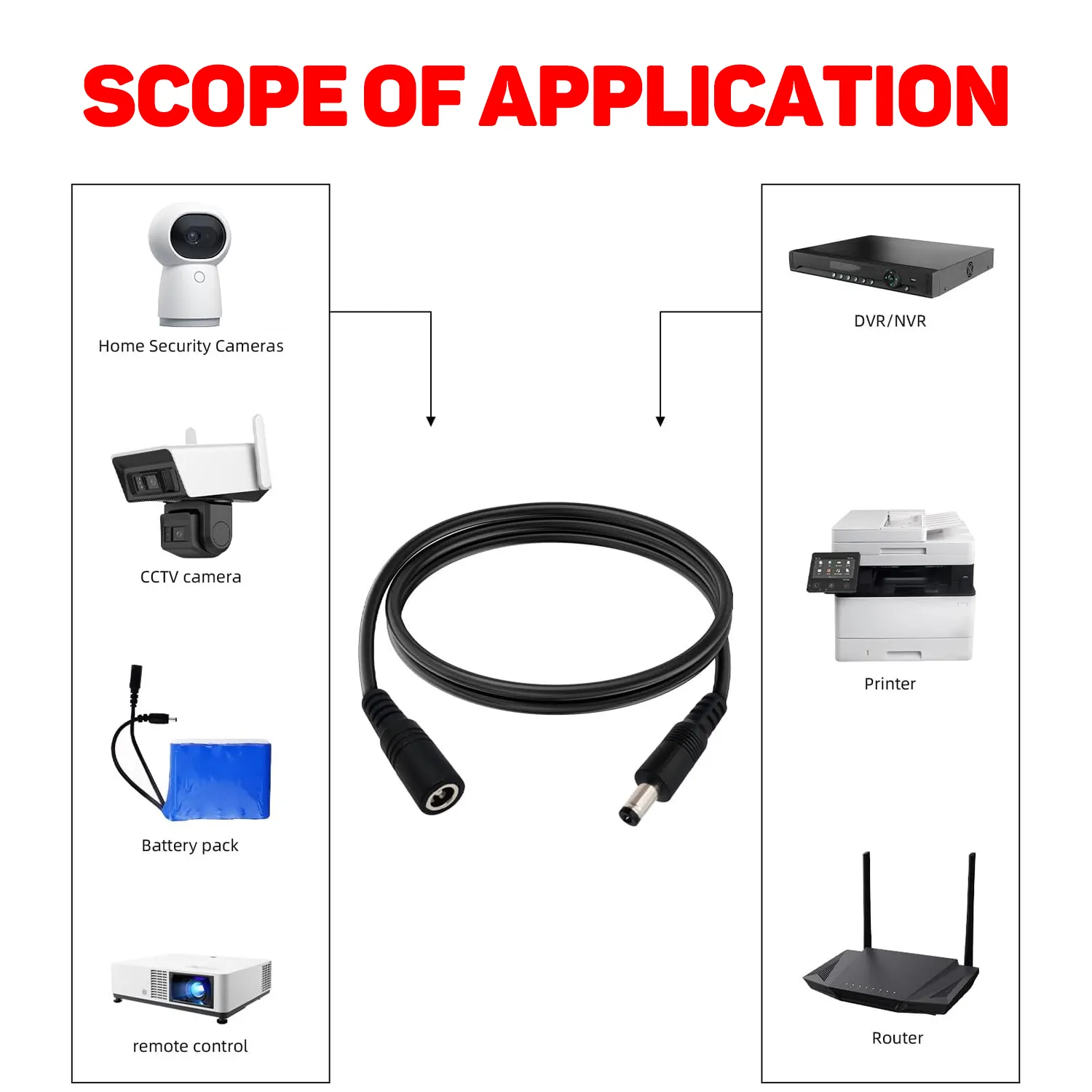 30CM/12in 5.5x2.1 DC Power Extension Cord, 5.5x2.1mm Female to Male Plug for CCTV Security IP Camera, LED Strip, Monitors, Survelliance DVR NVR Standalone - 图片 9