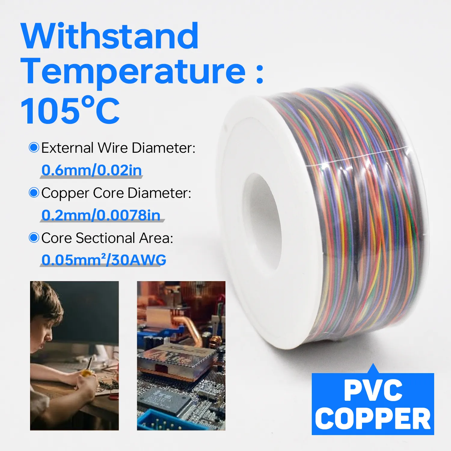 8-Color 30AWG Electronic Wire Single Core, 200M Tinned Copper Solid Cable Wrapping Electronic Wire, Wire Jumper Wire PVC Electronic Conductor Wire for Circuit Boards & PCB – Bild 5
