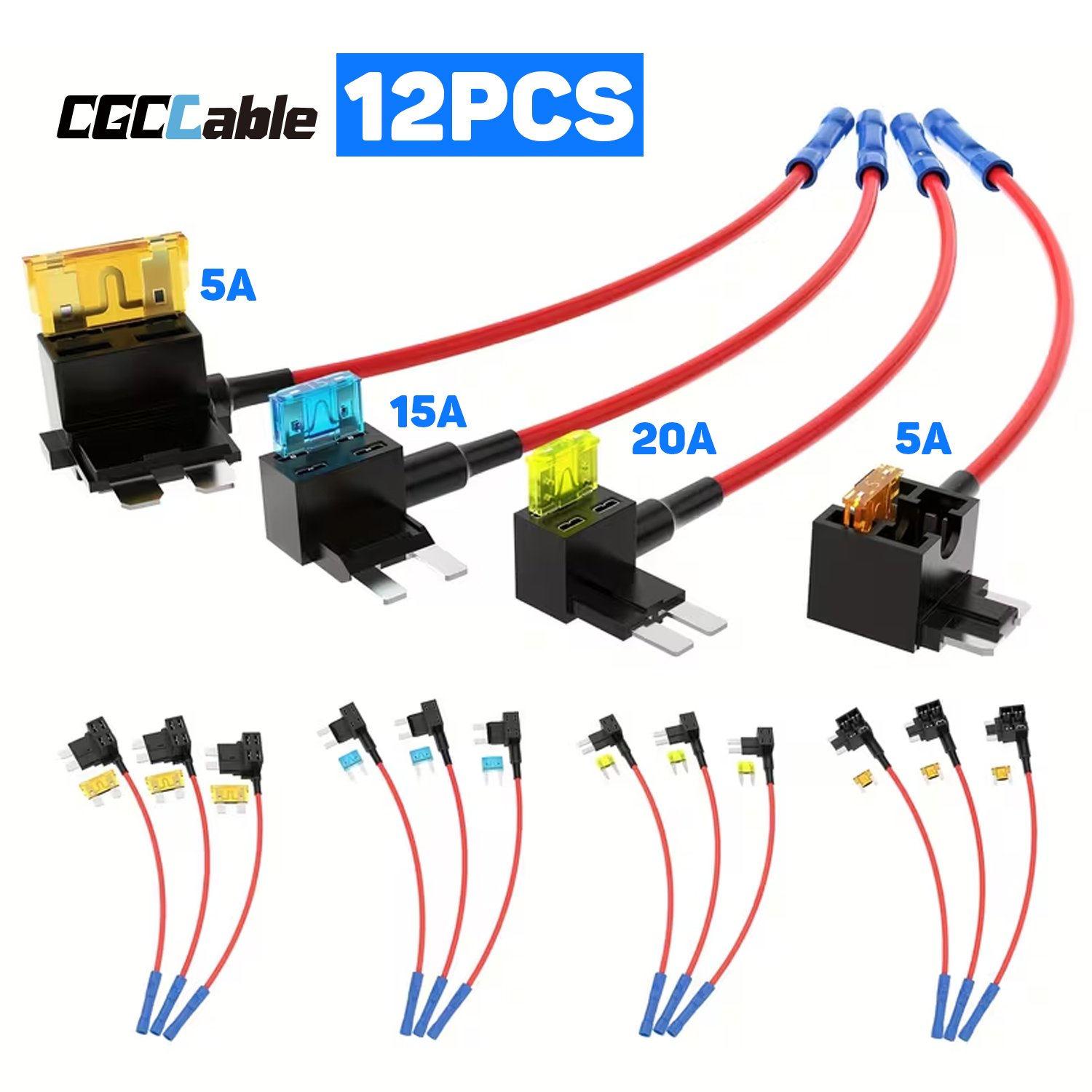 CGC-260-001.jpg 12PCS Fuse Holders, Car Fuse Taps Mixed With 4 Types standard/mini/micro2/low profile mini fuse connectors, auto fuse box kit, with Standard 5A+ Mini 15A+Micro2 20A+ low profile mini 5A fuse 3pcs each - 图片 1